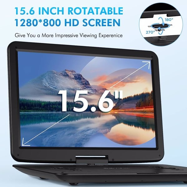 DEVINC 17.9" Portable DVD Player with 15.6" HD Swivel Screen, Support Multiple DVD CD Formats/USB/SD Card/Sync TV, 6 Hours Rechargeable Battery, Region Free, ZC-07 Black, 周末不发货-12