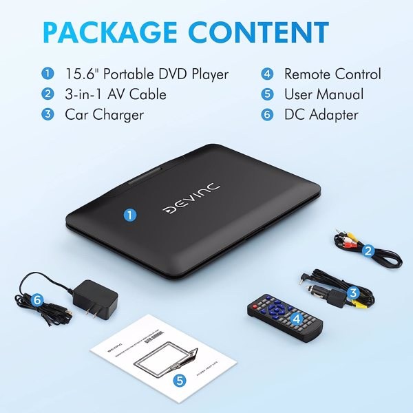 DEVINC 17.9" Portable DVD Player with 15.6" HD Swivel Screen, Support Multiple DVD CD Formats/USB/SD Card/Sync TV, 6 Hours Rechargeable Battery, Region Free, ZC-07 Black, 周末不发货-11
