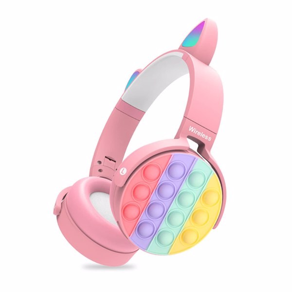 Fidget Headphones Kids Toy Headset, Wireless Bluetooth Headphone Pop Bubble On-Ear Headphone Fidget Toy Rainbow Color Fidget Headset for Children Adults (Pink-Cat)-8