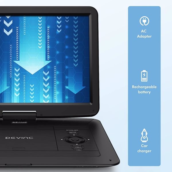DEVINC 17.9" Portable DVD Player with 15.6" HD Swivel Screen, Support Multiple DVD CD Formats/USB/SD Card/Sync TV, 6 Hours Rechargeable Battery, Region Free, ZC-07 Black, 周末不发货-16