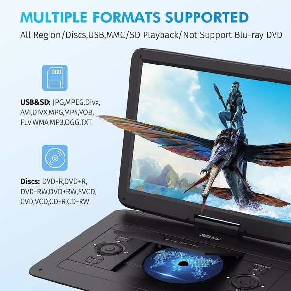 DEVINC 17.9" Portable DVD Player with 15.6" HD Swivel Screen, Support Multiple DVD CD Formats/USB/SD Card/Sync TV, 6 Hours Rechargeable Battery, Region Free, ZC-07 Black, 周末不发货-15