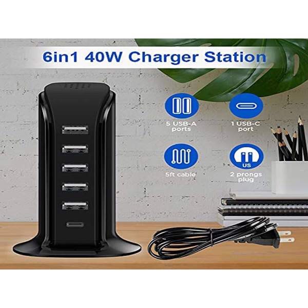 USB Charger Block 6 In 1 Upoy, 40W USB C Charger 3A, Charging Hub With 5 USB Ports(Shared 6A) For Multiple Electronics[Do not ship on weekends, place orders with caution]-11