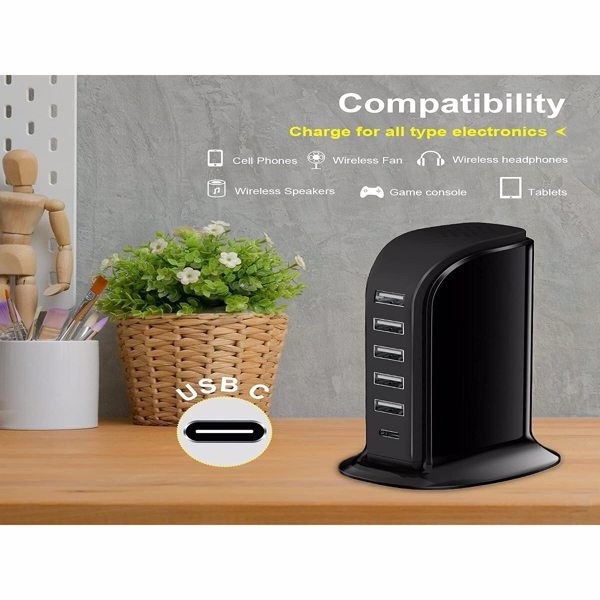 USB Charger Block 6 In 1 Upoy, 40W USB C Charger 3A, Charging Hub With 5 USB Ports(Shared 6A) For Multiple Electronics[Do not ship on weekends, place orders with caution]-9