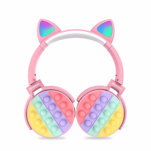 Fidget Headphones Kids Toy Headset, Wireless Bluetooth Headphone Pop Bubble On-Ear Headphone Fidget Toy Rainbow Color Fidget Headset for Children Adults (Pink-Cat)-6